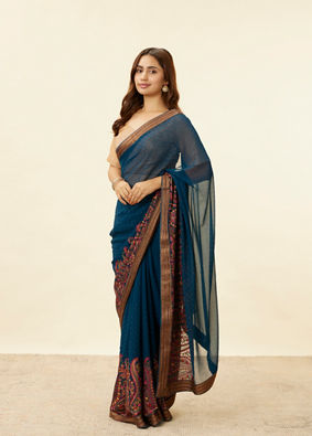 Teal Blue Stone Embellished Paisley Embroidered Saree image number 3